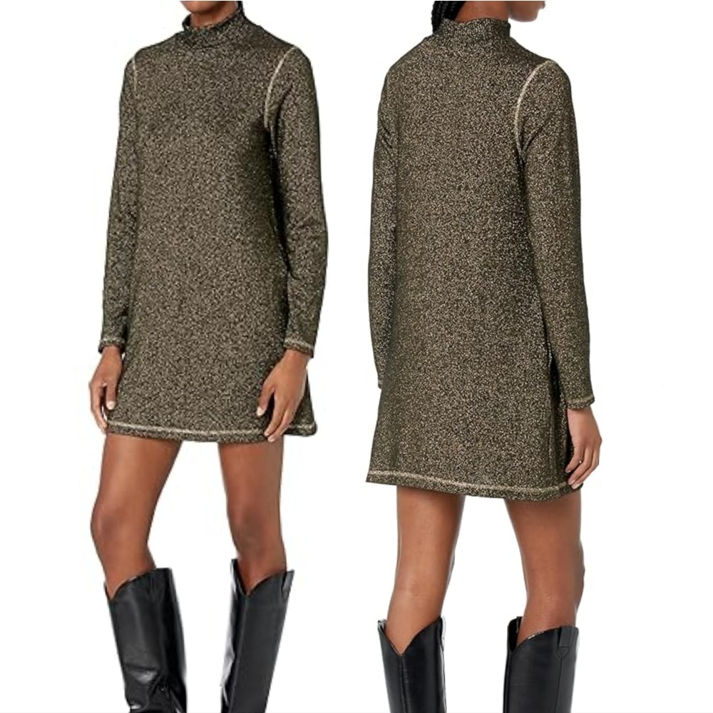 Michael Stars Olivia Sparkle Mock Neck Sweater Dress, Black & Gold Metallic, EUC